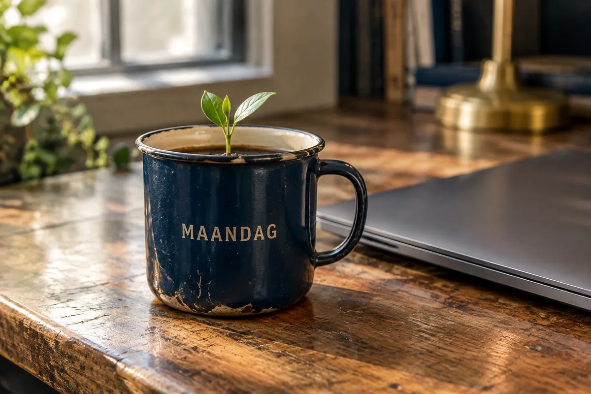 Blauwe emaillen mok met het woord MAANDAG op een bureau, met een jong groen plantje dat uit de koffie groeit