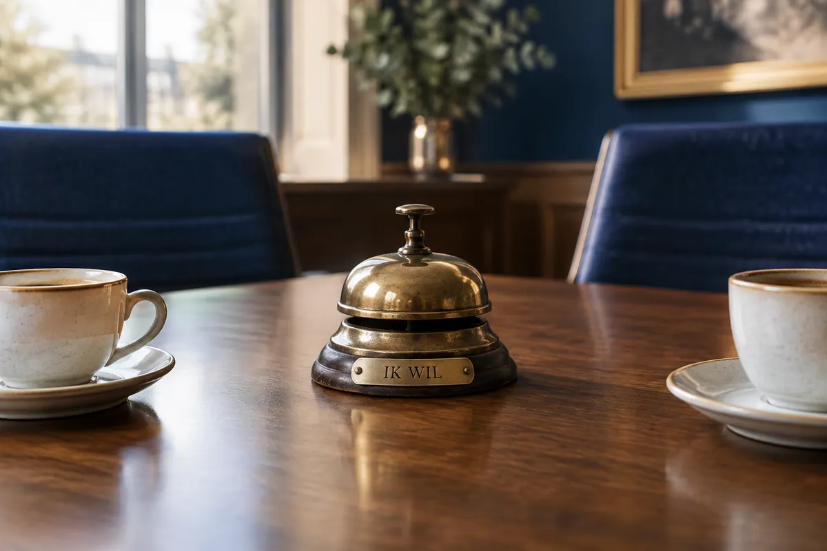 Koperen tafelbel met het plaatje IK WIL op een vergadertafel tussen twee koffiekopjes en twee lege stoelen